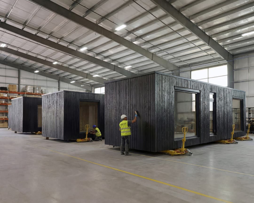Im BIOBUILDS Werk, Produktion von Holzriegel-Paneelen