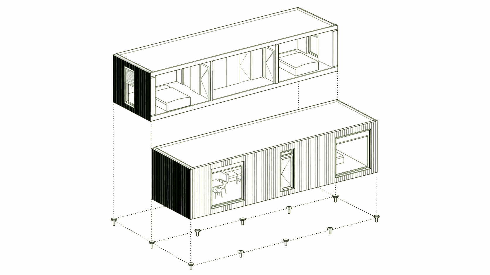 Isometrische Architekturzeichnung zweier Module über ihren Fundamentpunkten