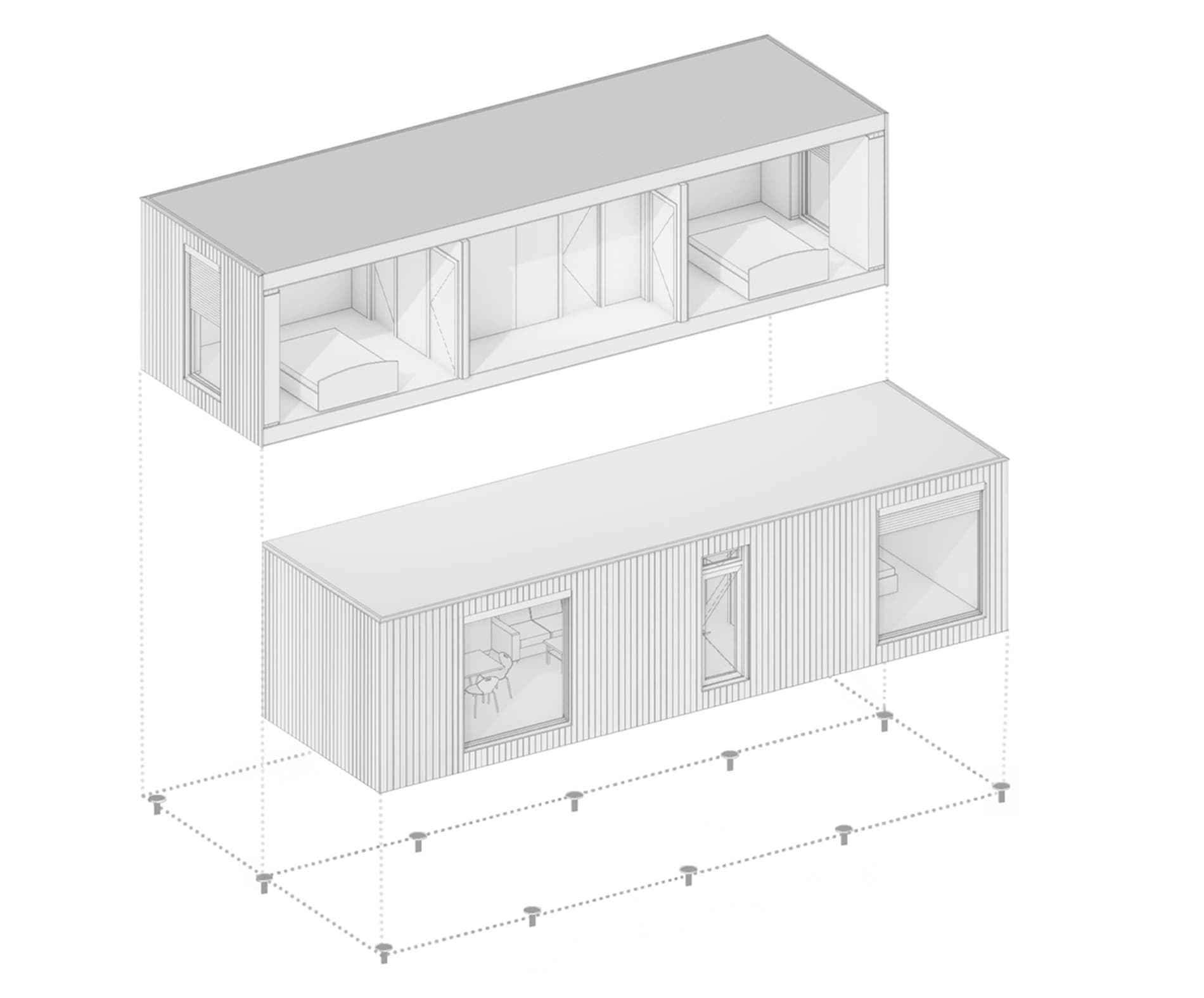 Axonometric drawing of the two Serenity modules and their foundation points