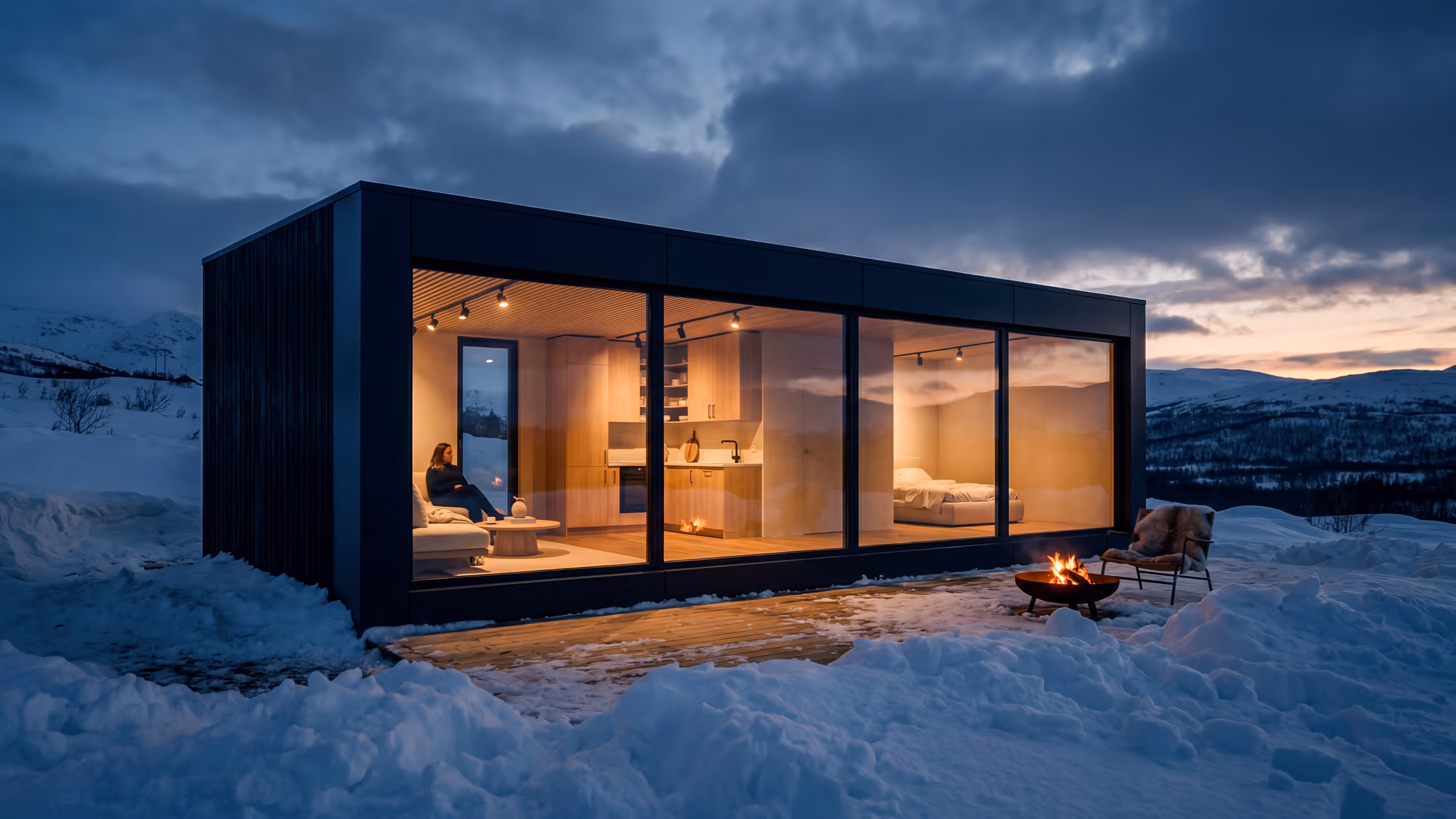 Infinity 48m² Founder's Edition glass home in a snowy landscape at winter sunset