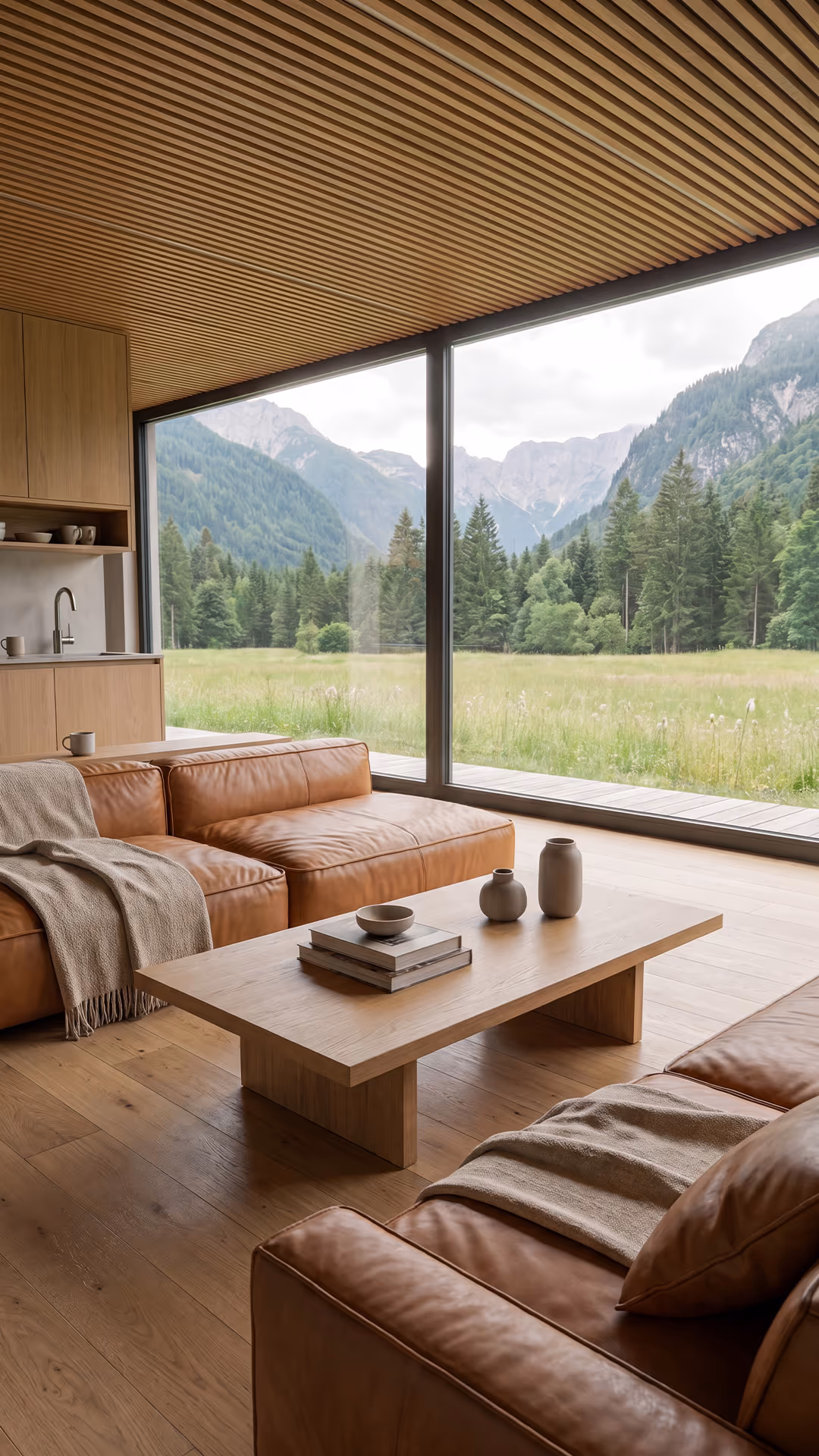 Infinity Innenraum mit Eichenparkett und gewebten Filzwänden