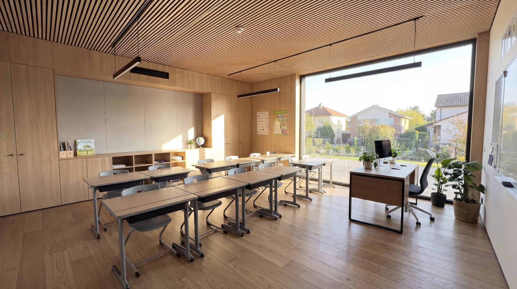 This AI concept was the starting point for a custom offer for a 380 m² Passivhaus school in Romania. The school is now under construction.